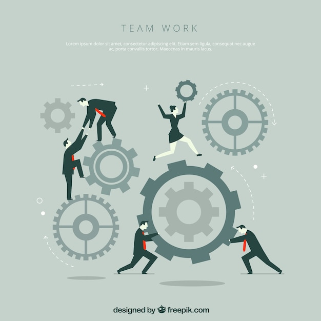 Concepto de teamwork con ruedas de engranaje y gente de negocios