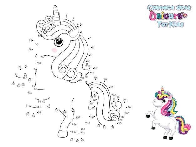 Conecta los puntos y dibuja un lindo unicornio de dibujos animados juego educativo para niños