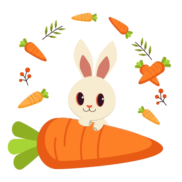 Conejo blanco y muchas zanahorias y hojas. | Vector Premium