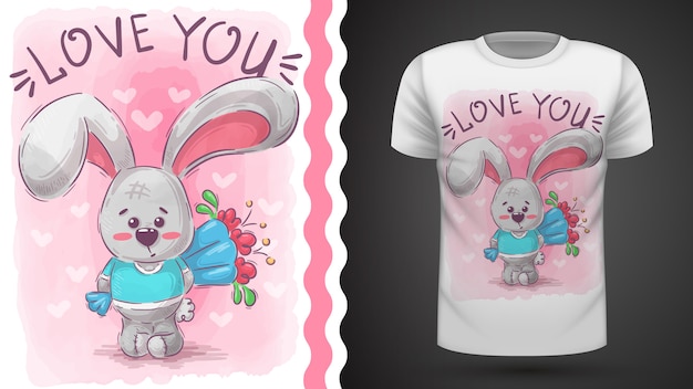 Conejo con flor - idea para camiseta estampada Vector Premium