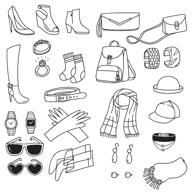 Conjunto de accesorios de moda doodle aislado sobre fondo blanco