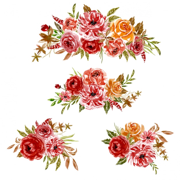 Conjunto De Acuarela De Arreglo Floral Marco Naranja Rojo Vector Premium