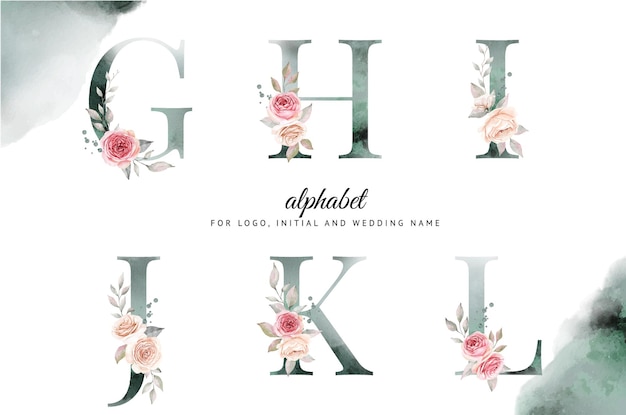 Conjunto De Alfabeto De Acuarela De G H I J K L Con Hermosas Flores Vector Premium
