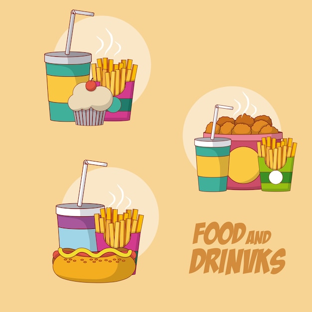 Conjunto De Alimentos Y Bebidas Vector Premium