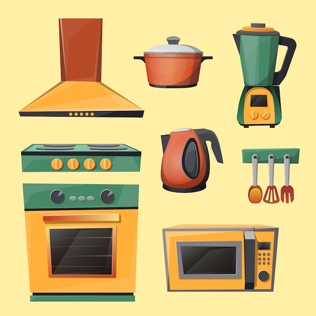 Conjunto De Aparatos De Cocina Horno Microondas Hervidor De Agua Licuadora Batidora Cocina Vector Gratis