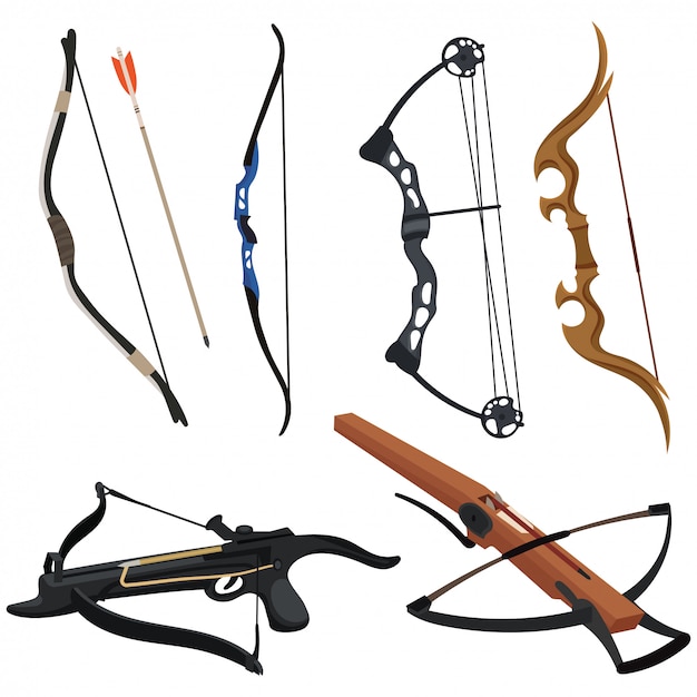 Conjunto de arco y ballestas. colección de armas para caza y deporte.  inclinarse con una teta. | Vector Premium