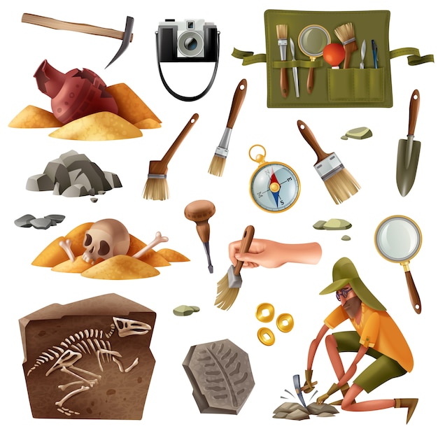 Conjunto De Arqueologia De Imagenes De Elementos Aislados De Artefactos De Excavacion De Equipos De Excavacion Con Caracter Humano De Estilo Doodle Vector Gratis