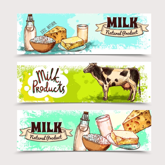 Conjunto de banner de productos lácteos vector gratuito