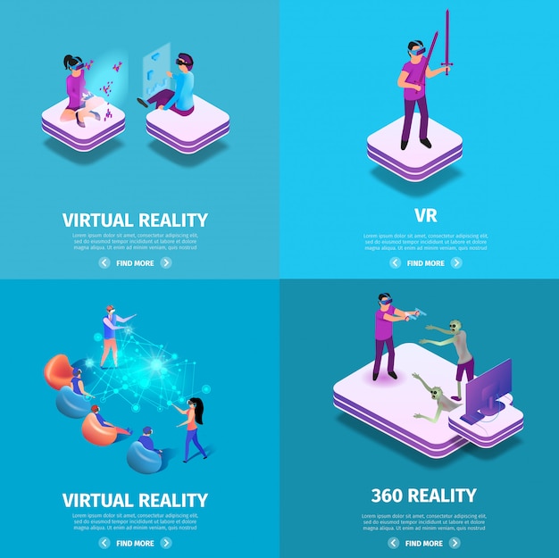 Conjunto de banners cuadrados de realidad virtual 360. juego de azar. | Vector Premium