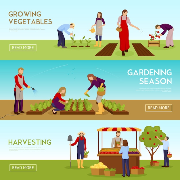 Conjunto de banners horizontales de temporada de jardinería | Vector Gratis
