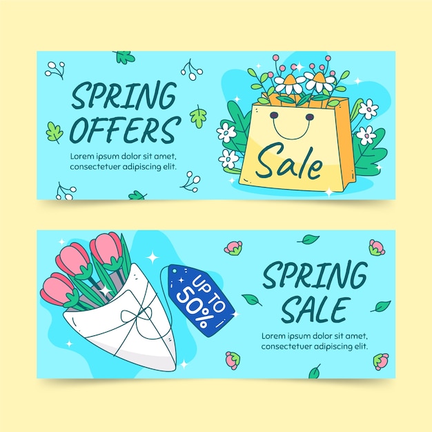 Conjunto De Banners Horizontales De Venta De Primavera Dibujados A Mano