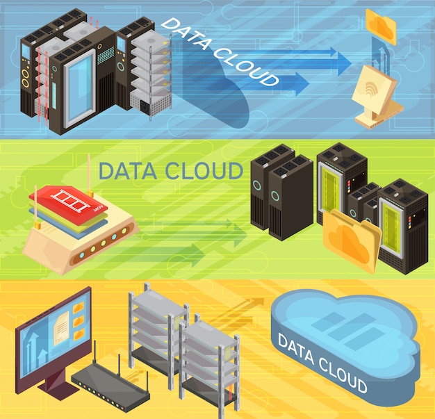 Conjunto de banners isométricos horizontales con nube de datos, transferencia de información, enrutador, servidores de hosting, ilustración de vector de equipo aislado vector gratuito
