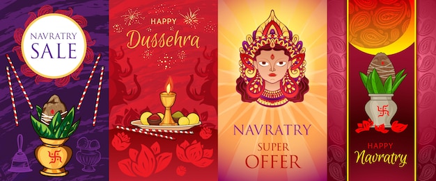 Conjunto de banners de navratri. ilustración de dibujos animados de conjunto de banner de vector navratri Vector Premium