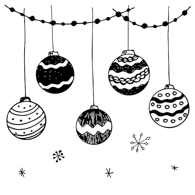 Conjunto De Bolas Dibujadas A Mano De Navidad En Blanco Y Negro De