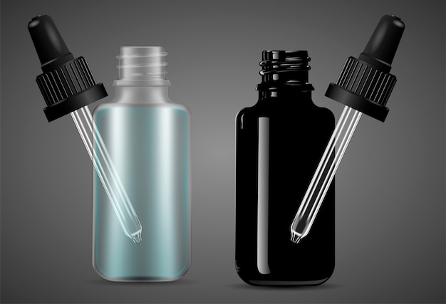 Conjunto de botellas open dropper con pipeta para productos médicos. Vector Premium