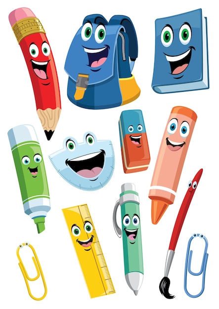 Conjunto de caracteres de dibujos animados de útiles escolares | Vector