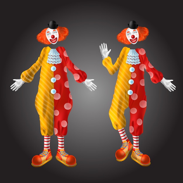 Conjunto de caracteres divertido del payaso aislado en fondo negro. vector gratuito