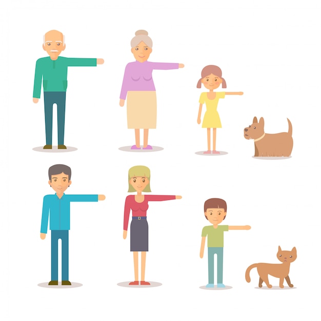 Conjunto De Caracteres Familiares De Mama Papa Abuela Abuelo Hijo Hija Perro Gato Vector Premium