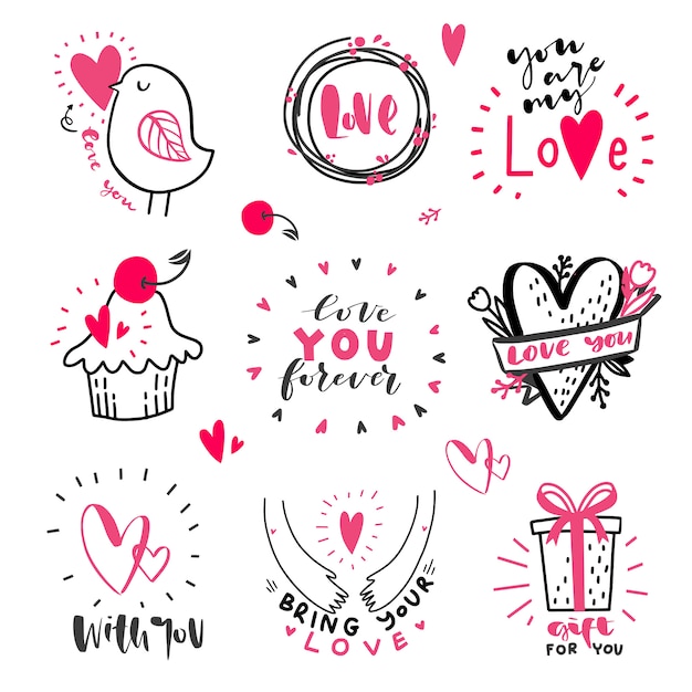 Conjunto De Citas De Amor Dibujado A Mano Con Doodle En Vector