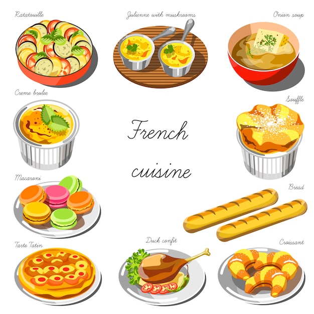 Conjunto de cocina francesa. colección de platos de comida | Vector ...