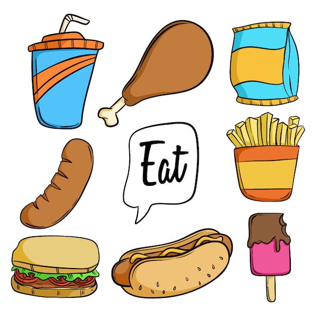 Conjunto de colección de iconos de comida chatarra doodle sobre fondo blanco Vector Premium