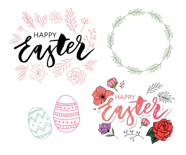 Conjunto de composición de huevos de pascua feliz Vector Premium
