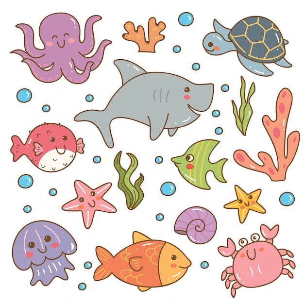 Conjunto de conjunto de kawaii de animales marinos Vector Premium
