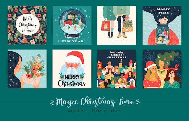 Conjunto de conjunto de tarjeta de ilustraciones de navidad y feliz año nuevo Vector Premium