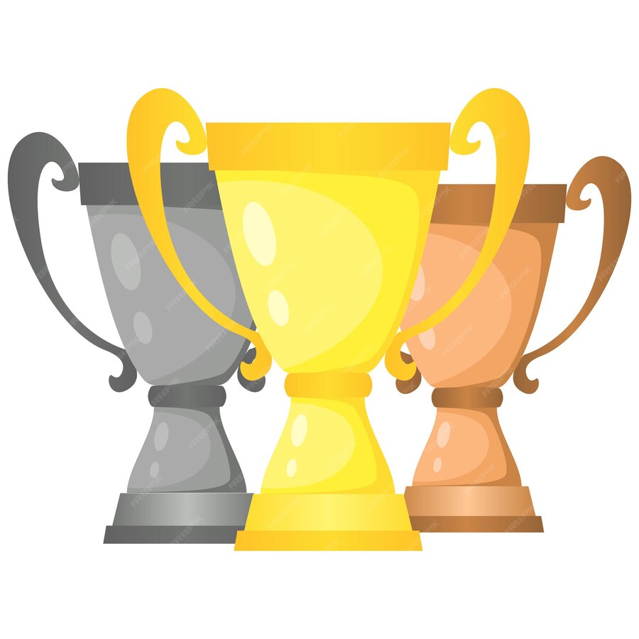 Conjunto de copas de campeón de trofeo de vector en oro, plata y bronce