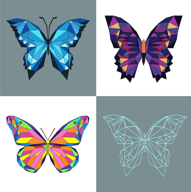 Conjunto de cuatro mariposas de colores poligonales para el diseño de