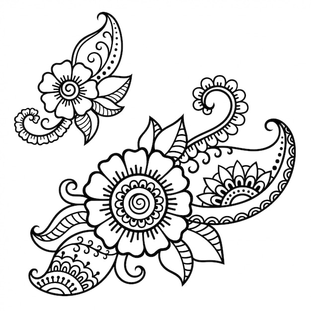 Conjunto De Decoración De Flores Mehndi En Estilo étnico Oriental Indio Doodle De Adorno 6343