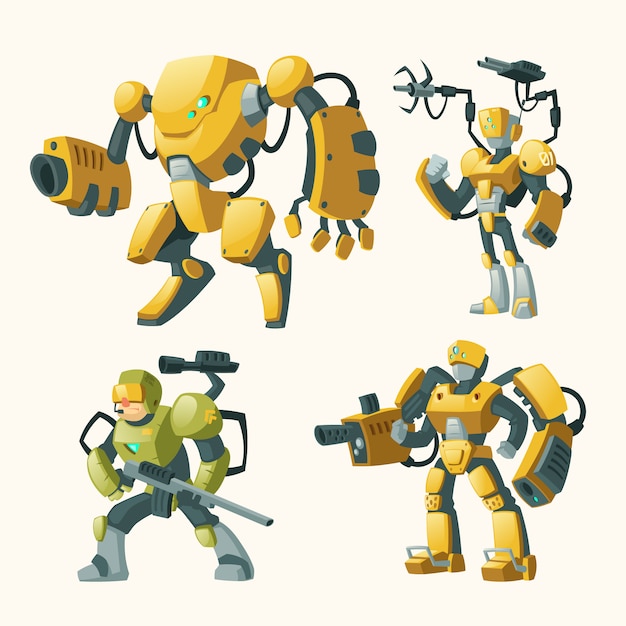 Conjunto De Dibujos Animados Con Androides Soldados Humanos En Exoesqueletos De Combate Roboticos Con Armas Vector Gratis