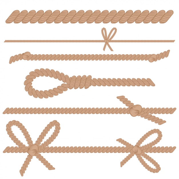 Conjunto de dibujos animados de cuerda, cordón, cuerda con nudos, arcos y lazo aislado en un fondo blanco. Vector Premium