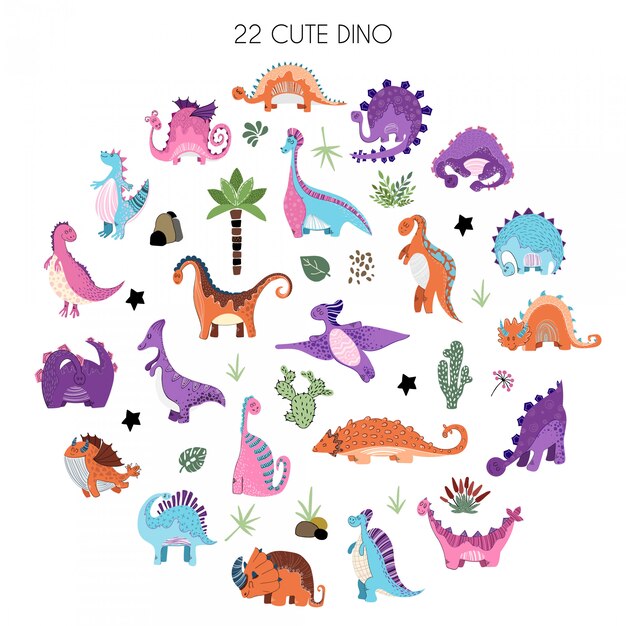 Conjunto de dibujos animados de dinosaurios en estilo escandinavo Vector Premium