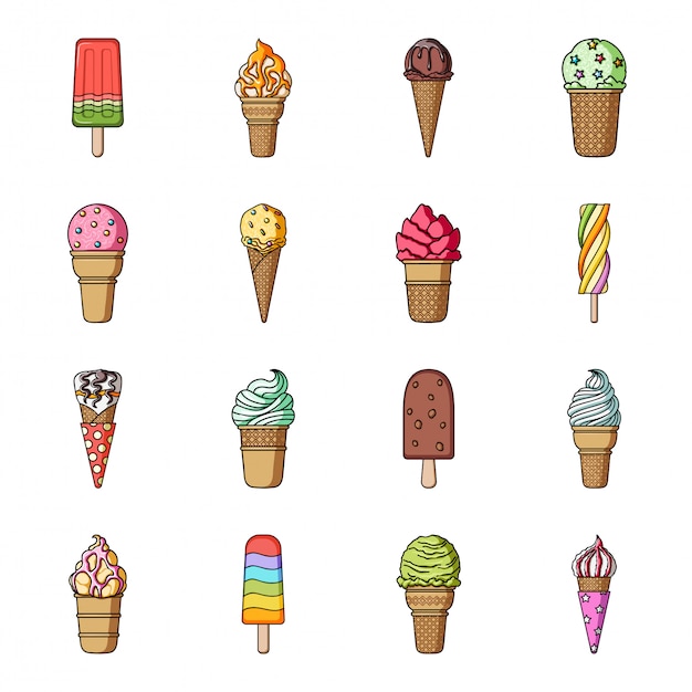 Conjunto de dibujos animados de helado icono. postre de hielo aislado icono de conjunto de dibujos animados. ilustración helado. Vector Premium