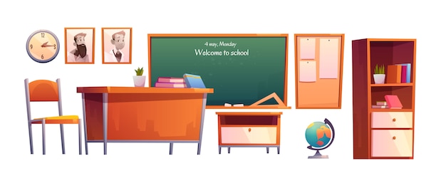 Conjunto de dibujos animados de muebles de aula escolar, pizarra vector gratuito