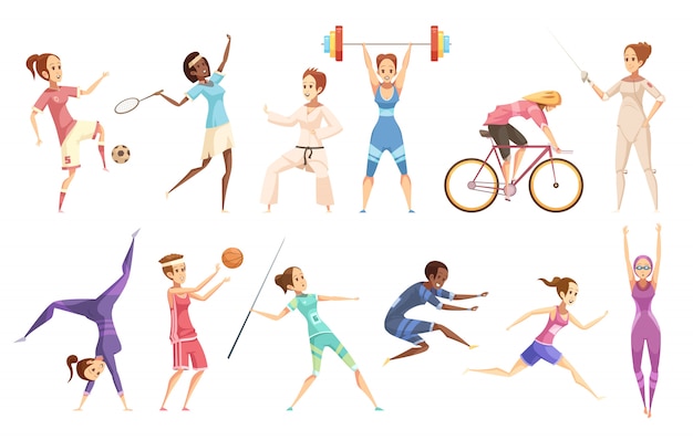 Conjunto de dibujos animados retro de deportista de ...