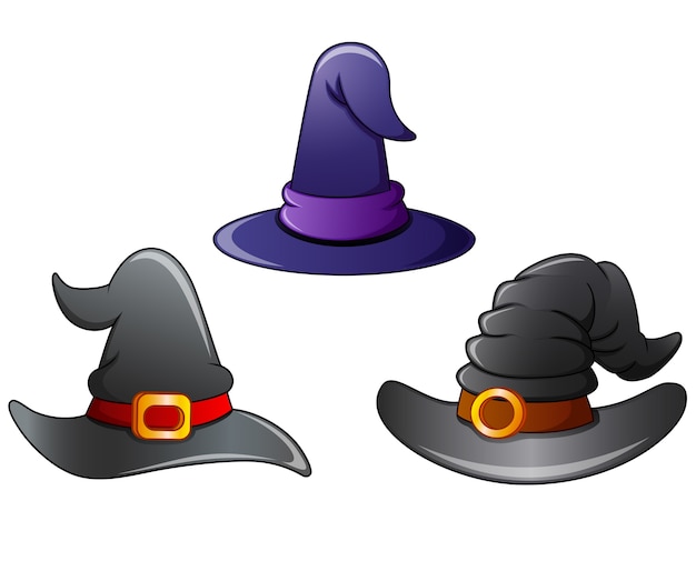 Conjunto De Dibujos Animados De Sombrero De Bruja Vector Premium