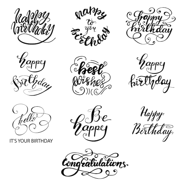 Conjunto De Disenos De Felicitacion Cumpleanos Letras Ilustracion