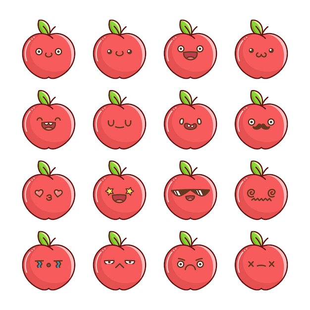 Conjunto De Divertidos Dibujos Animados De Frutas De Manzana Roja