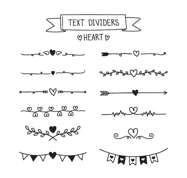 Conjunto de divisor de texto de corazón. Vector Premium