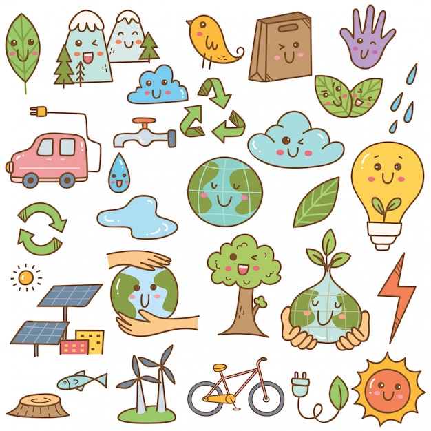 Conjunto de doodle de ecología en estilo kawaii Vector Premium