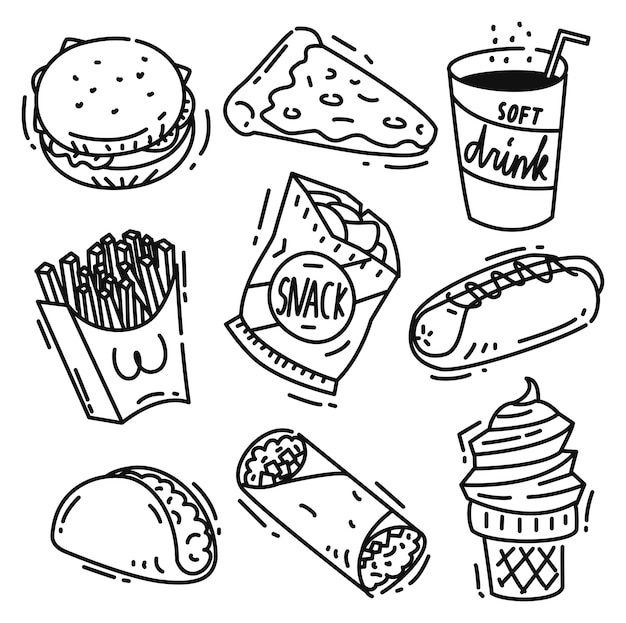 Conjunto De Doodle De Icono De Comida Chatarra Aislado Sobre Fondo