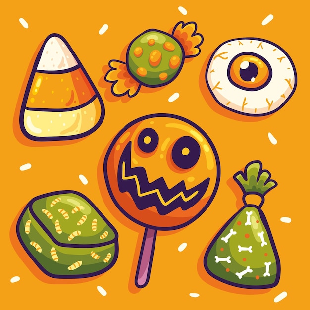 Conjunto de dulces de halloween estilo dibujado a mano Vector Gratis