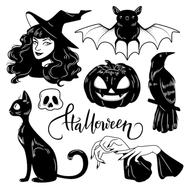 Conjunto de elementos dibujados a mano lindo halloween, ilustración vectorial Vector Premium