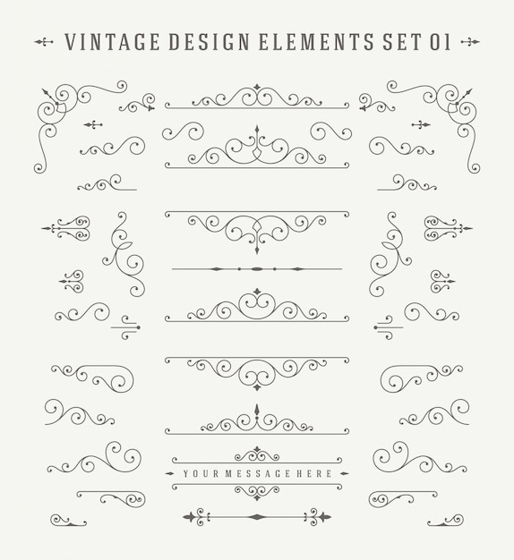 Conjunto de elementos del diseño de las decoraciones de los ornamentos de la vendimia. Vector Premium