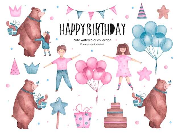 Conjunto de elementos de feliz cumpleaños acuarela oso abrazos globos niña niño vector gratuito