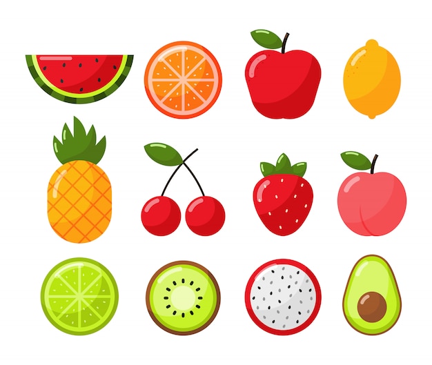 Conjunto De Estilo De Dibujos Animados De Frutas Tropicales Aislado En Blanco Vector Premium