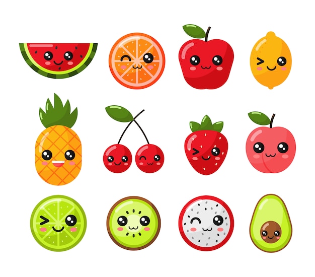 Conjunto de estilo de dibujos animados de frutas tropicales kawaii ...