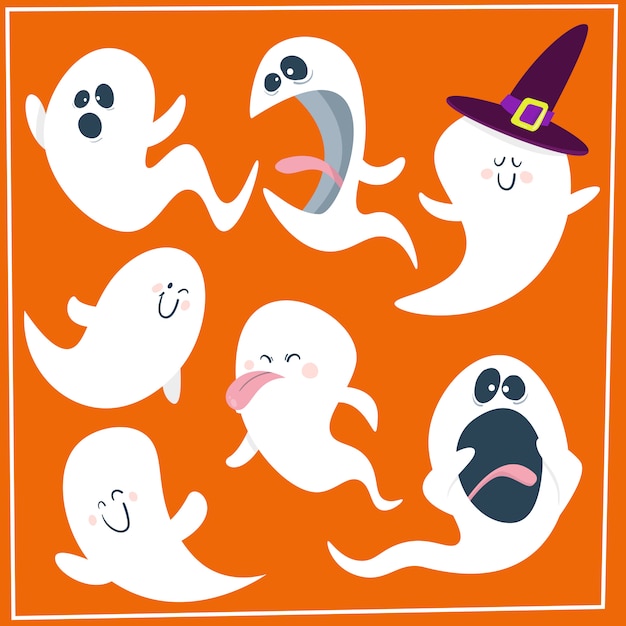 Conjunto De Fantasmas De Dibujos Animados Lindo Vector Premium